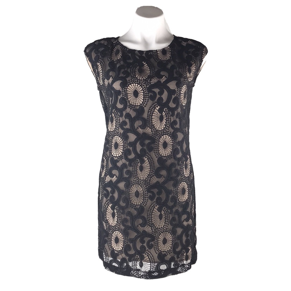 Ann Taylor LOFT Womens 0 Petite Sheath Dress Black Beige Crochet Sleeveless Sexy